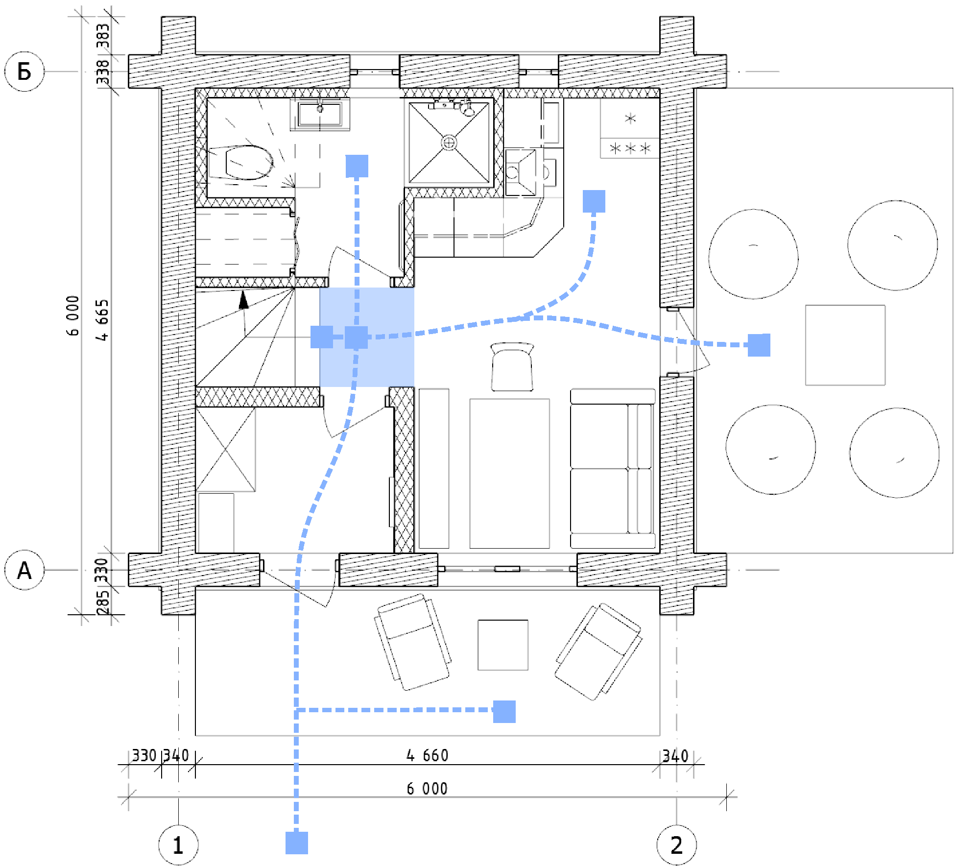 План 1 этажа гостевого дома для 4 гостей с обозначением основных транзитных путей.