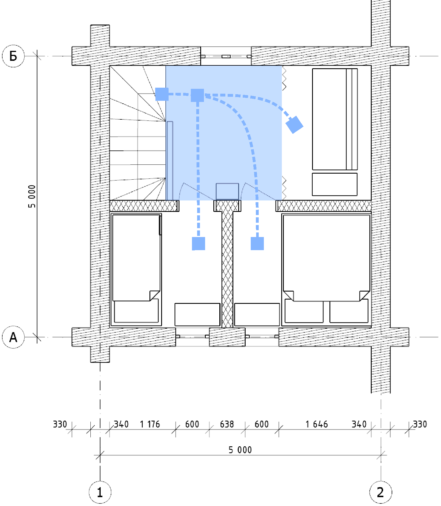 План 2 этажа гостевого дома для 4 гостей с обозначением основных транзитных путей.