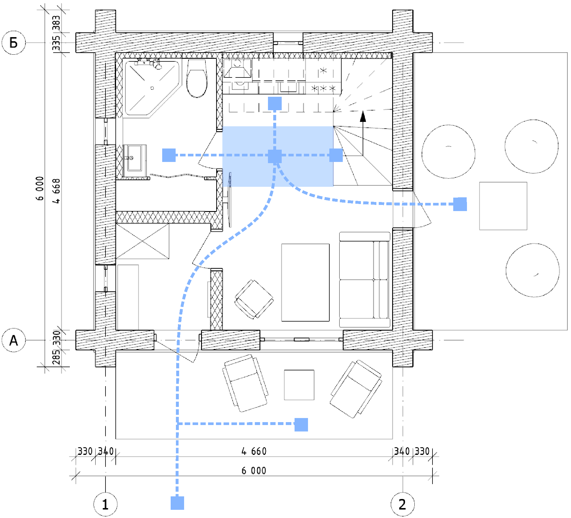 План 1 двусветного этажа гостевого дома для супружеской пары с обозначением основных транзитных путей.